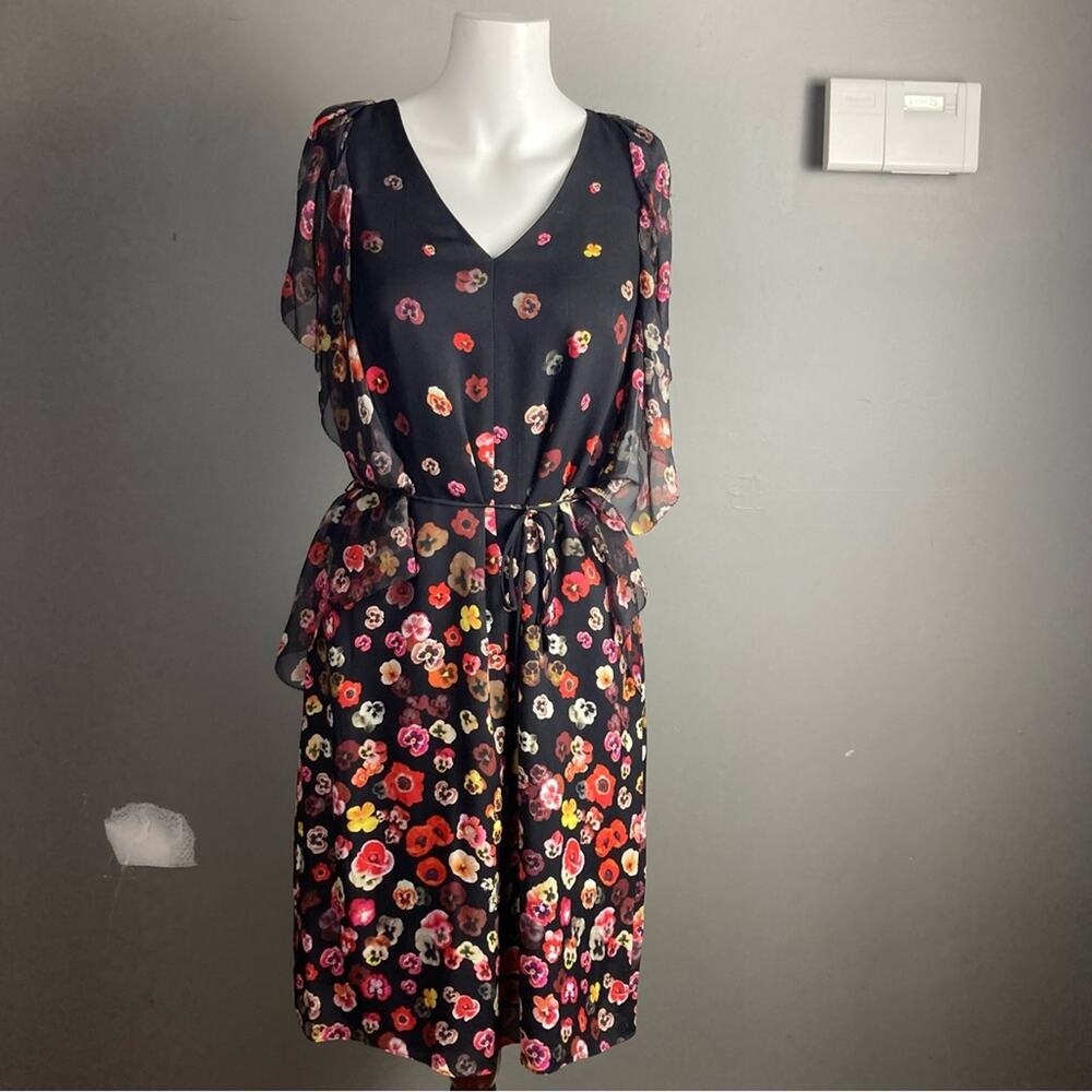 Elie Tahari dress size 2 ditsy floral flutter sleeve black silk fairy office